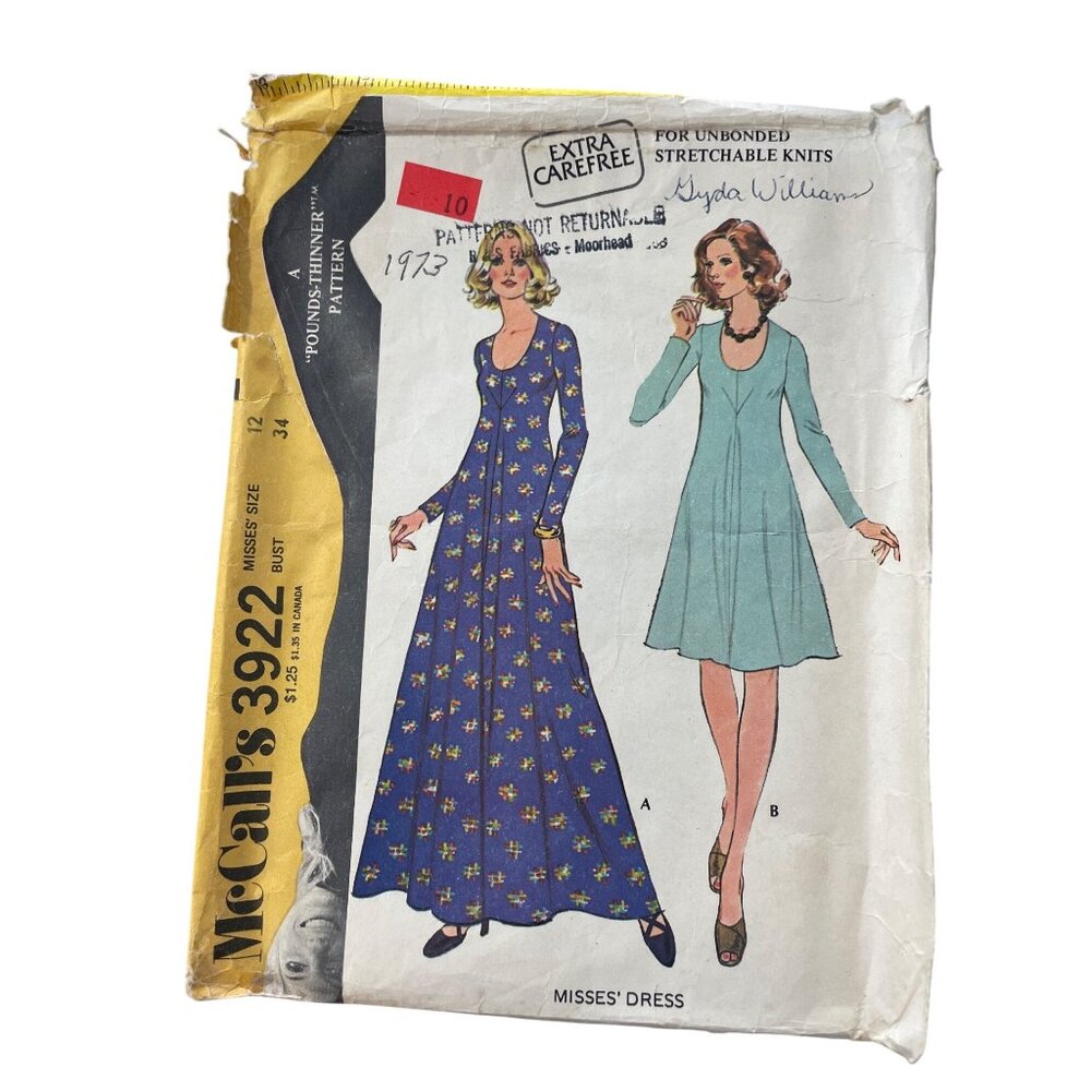 70s McCalls 3922 Misses Dress Pattern Size 12 Vintage 1973 Stretchable Knits CUT